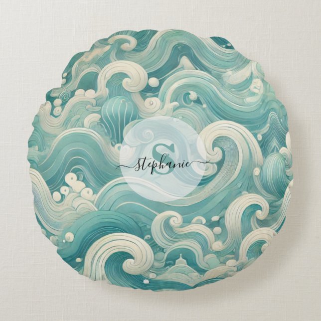 Abstract Aqua Blue & White Wave – Modern Fluid Art Round Cushion (Front)