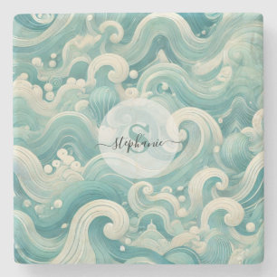 Abstract Aqua Blue & White Wave – Modern Fluid Art Stone Coaster