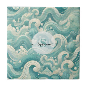 Abstract Aqua Blue & White Wave – Modern Fluid Art Tile