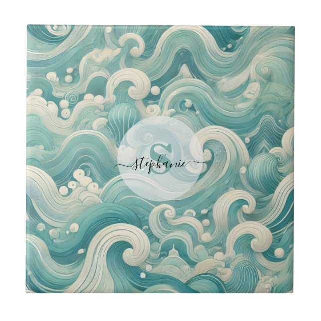 Abstract Aqua Blue & White Wave – Modern Fluid Art Tile (Front)