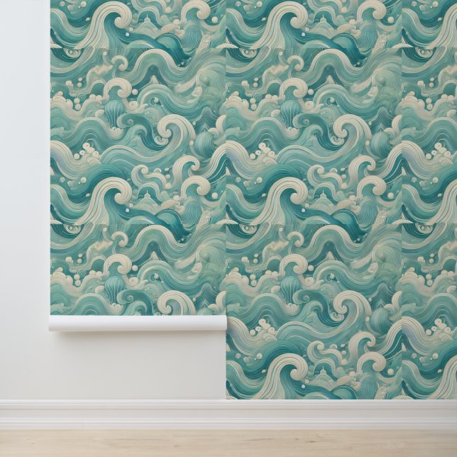 Abstract Aqua Blue & White Wave – Modern Fluid Art Wallpaper (Application)