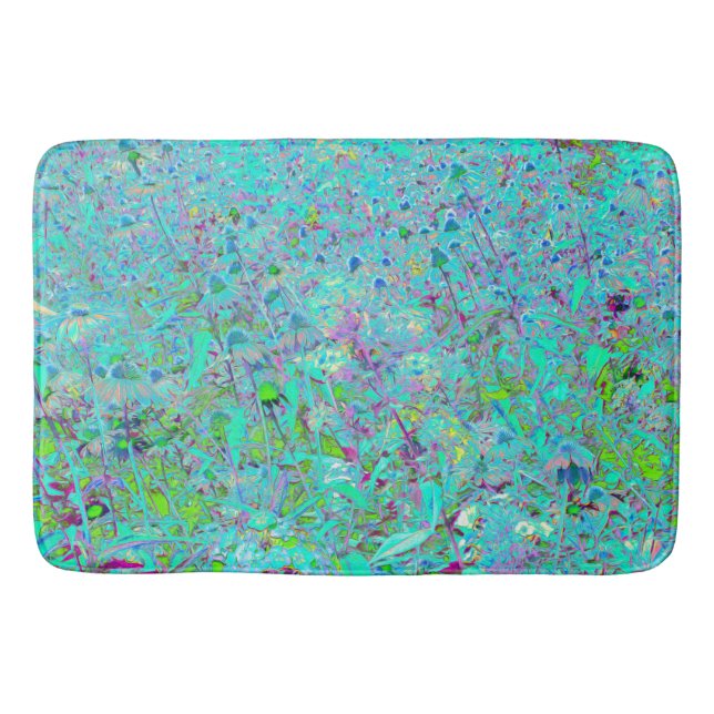 Abstract Aqua Green and Purple Coneflower Garden Bath Mat (Front)