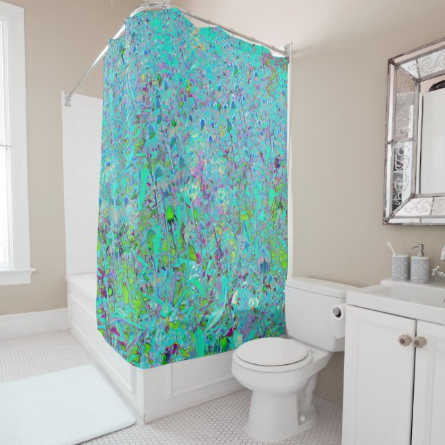 Abstract Aqua Green and Purple Coneflower Garden Shower Curtain (In Situ)