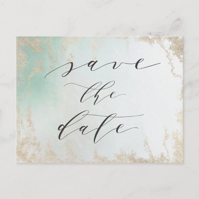 Abstract Aqua Ombre Fade with Frosted Gold Glitter Announcement Postcard (Front)