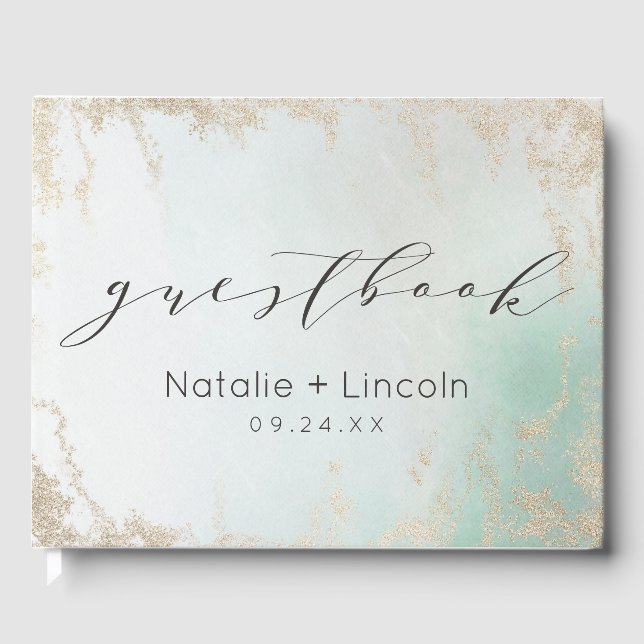 Abstract Aqua Ombre Fade with Frosted Gold Glitter Guest Book (Front)