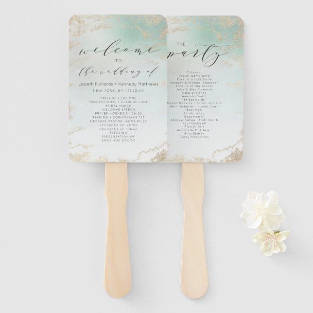 Abstract Aqua Ombre Fade with Frosted Gold Glitter Hand Fan (Front and Back)