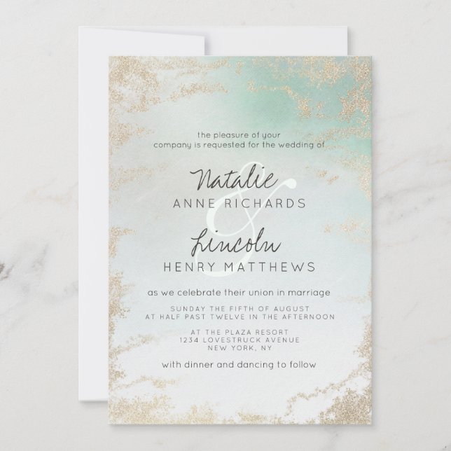Abstract Aqua Ombre Fade with Frosted Gold Glitter Invitation (Front)