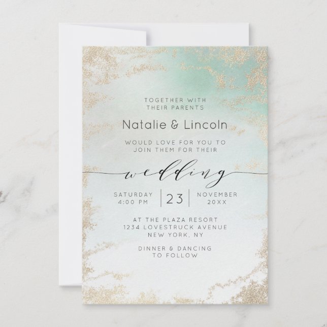 Abstract Aqua Ombre Fade with Frosted Gold Glitter Invitation (Front)