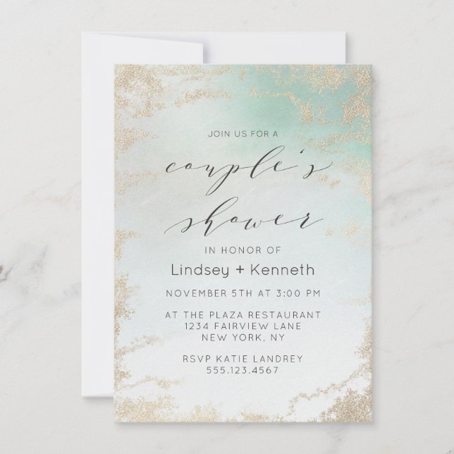 Abstract Aqua Ombre Fade with Frosted Gold Glitter Invitation (Front)