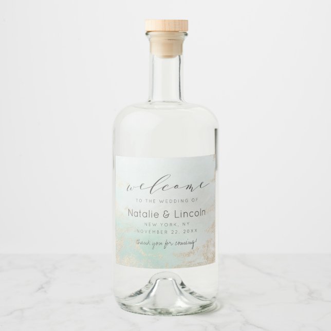 Abstract Aqua Ombre Fade with Frosted Gold Glitter Liquor Bottle Label (Front)