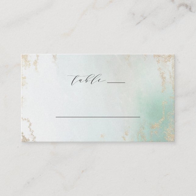 Abstract Aqua Ombre Fade with Frosted Gold Glitter Place Card (Front)