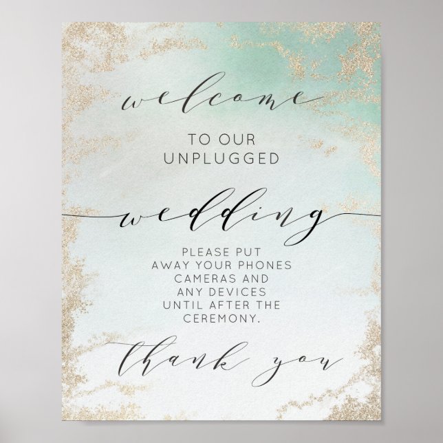 Abstract Aqua Ombre Fade with Frosted Gold Glitter Poster (Front)
