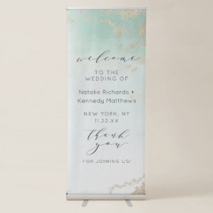 Abstract Aqua Ombre Fade with Frosted Gold Glitter Retractable Banner