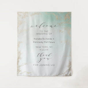 Abstract Aqua Ombre Fade with Frosted Gold Glitter Tapestry