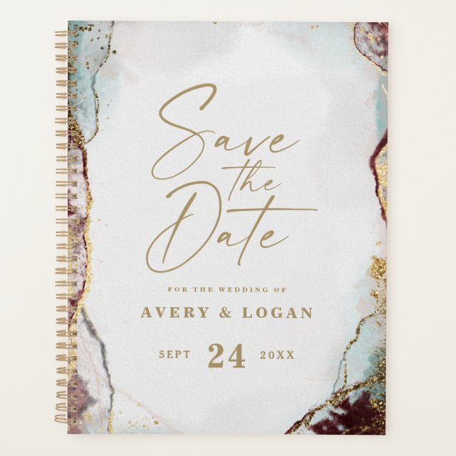Abstract Aqua Red & Gold Winter Wedding Plans Planner (Front)
