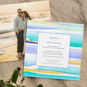 Abstract aqua tropical tide line photo wedding invitation