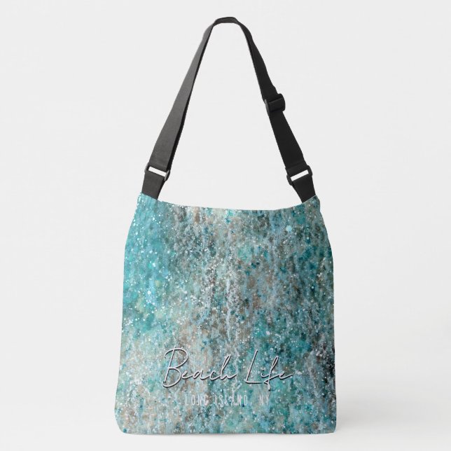 Abstract Aqua Watercolor Flourish w Custom Text Crossbody Bag (Front)