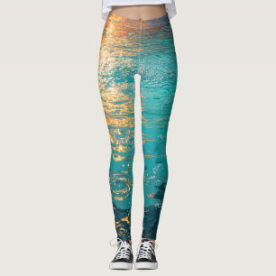 Abstract Aqua Waves with Golden Sunlight Leggings