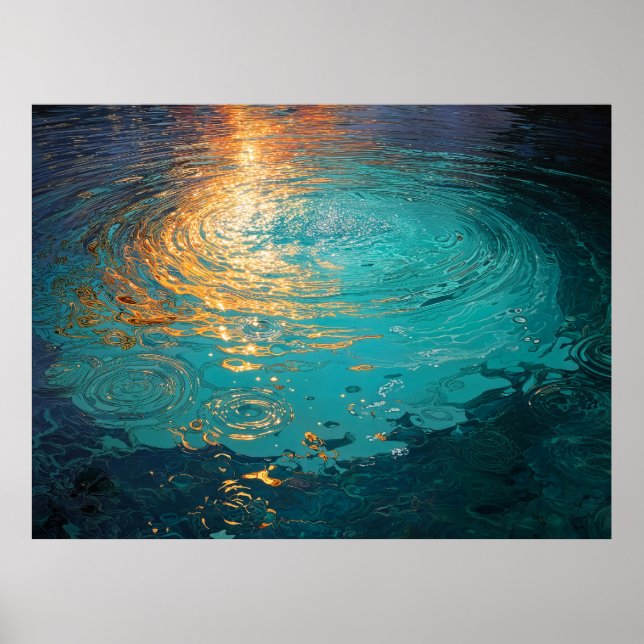Abstract Aqua Waves with Golden Sunlight Poster (Front)
