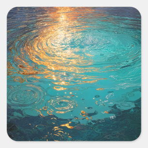 Abstract Aqua Waves with Golden Sunlight Square Sticker