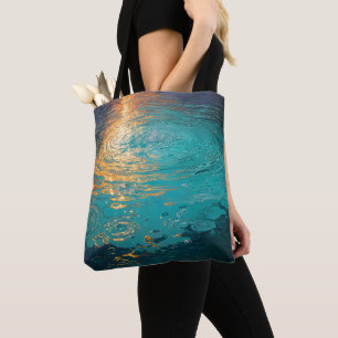Abstract Aqua Waves with Golden Sunlight Tote Bag