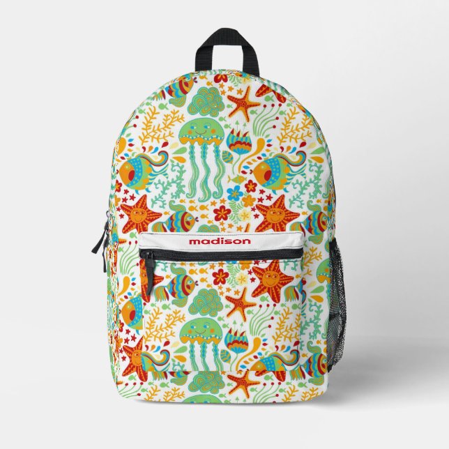 Abstract Aquatic Life Cartoon Style Printed Backpack (Front)