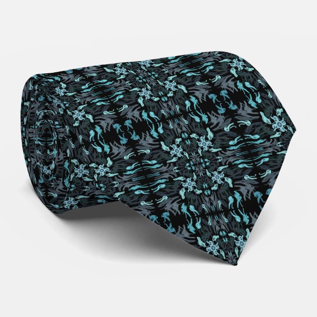 Abstract Aquatic Shaded Repeat Pattern On Black Tie (Rolled)