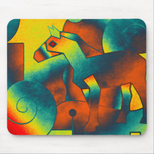 Abstract ART - A HORSE - blue red yellow Mouse Mat