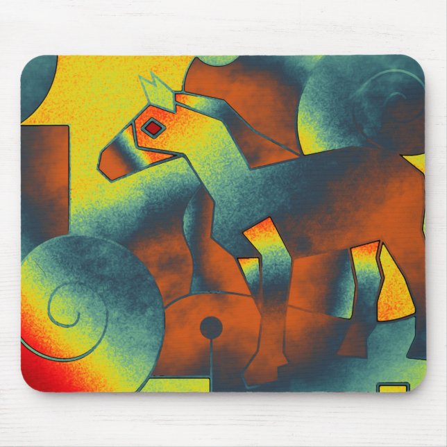 Abstract ART - A HORSE - blue red yellow Mouse Mat (Front)