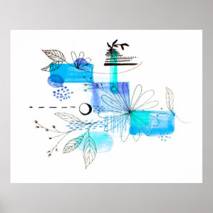 Abstract Art Black Floral Blue and Grey Poster