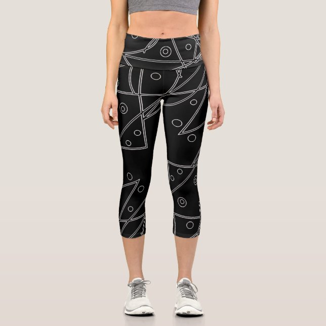 Abstract Art Black White Lines Circles Minimalism Capri Leggings (Front)