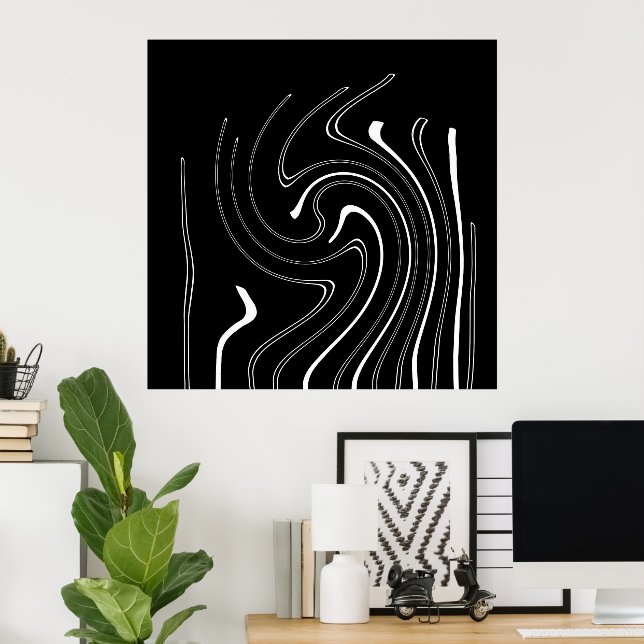 Abstract Art Black White Lines Twirl Minimalism Po Poster (Home Office)