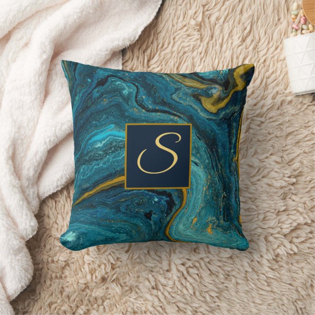 Abstract Art Blue Green Gold Dust Marble Cushion (Blanket)