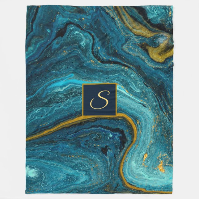 Abstract Art Blue Green Gold Dust Monogram Marble Fleece Blanket (Front)