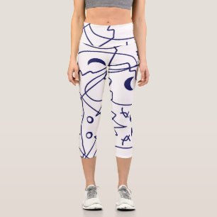 Abstract Art Blue White Line Circles Minimalism Capri Leggings