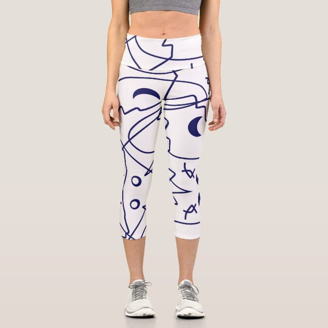 Abstract Art Blue White Line Circles Minimalism Capri Leggings (Front)