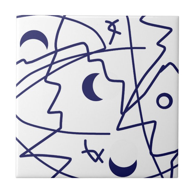 Abstract Art Blue White Line Circles Minimalism Tile (Front)