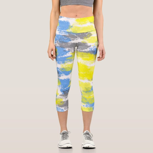 Abstract Art Blue White Yellow Grey Minimalism Capri Leggings (Front)