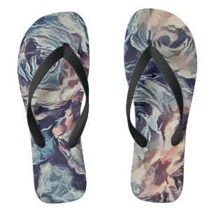 Abstract art brush textured roses print blue beige flip flops