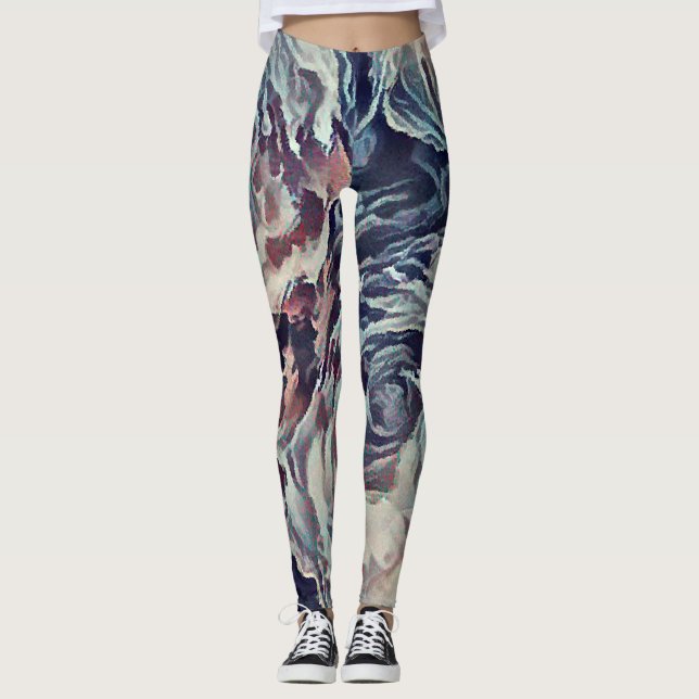Abstract art brush textured roses print blue beige leggings (Front)