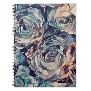 Abstract art brush textured roses print blue beige notebook