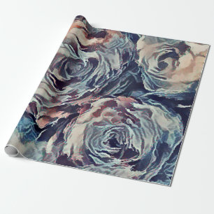 Abstract art brush textured roses print blue beige wrapping paper