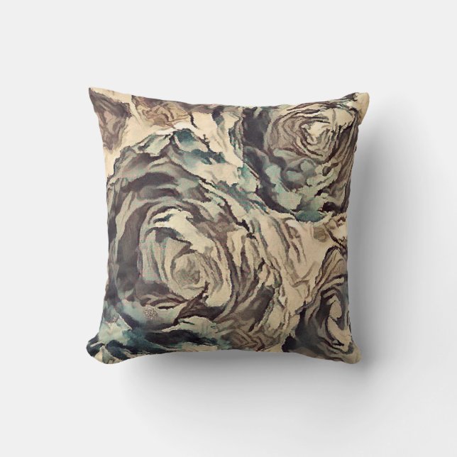 Abstract art brush textured roses print brown beig cushion (Front)
