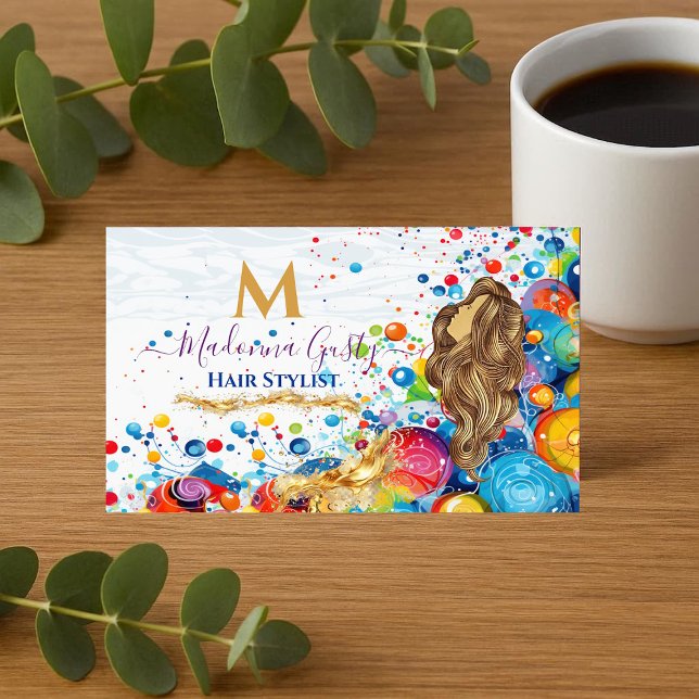 Abstract Art Bubbles Golden Monogram Hair Stylist  Business Card (Abstract Art Bubbles Golden Monogram Hair Stylist Business Card)