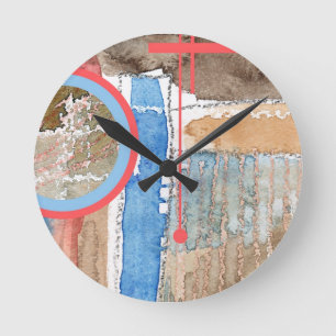abstract art collage, mixed media and watercolor 5 round clock