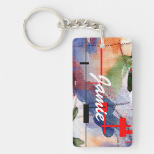 abstract art collage, mixed media and watercolor key ring