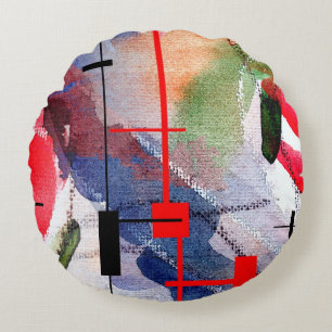abstract art collage, mixed media and watercolor round cushion