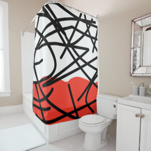 Abstract Art Coral Red Black White Minimalism Shower Curtain