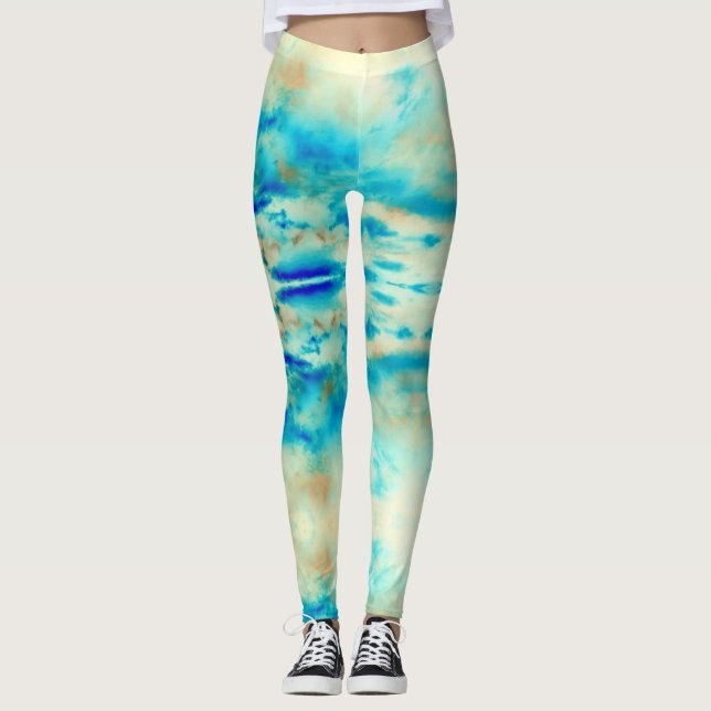 Abstract art cream blue turquoise women's leggings (Front)