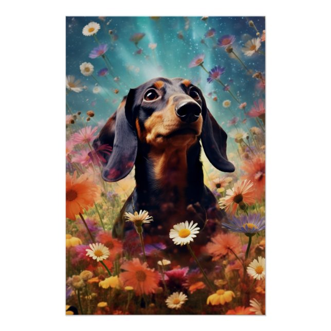 Abstract Art Dachshund With Flowers Poster (Front)